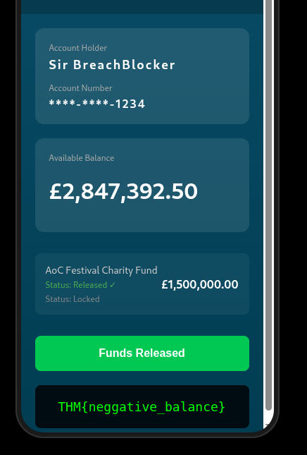 The emulated phone showing a bank app with a "neggative" balance